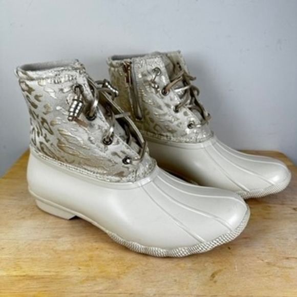 Sperry Shoes - Sperry Saltwater Ivory Leopard Duck Boots STS88315 Women 10 Metallic